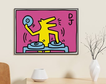 Keith Haring Barking DJ Dog Pop Art Poster, Museum Gallery Exhibition, Pop Art Gallery Poster, Printable Wall Art, Contemporary Art, Dog DJ