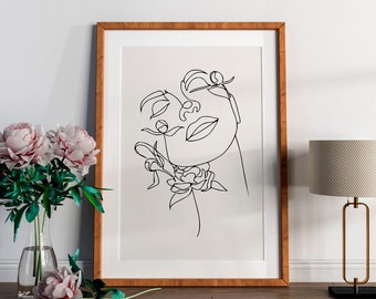 Floral Woman Line Art Print, minimalistisch portret (digitale download)