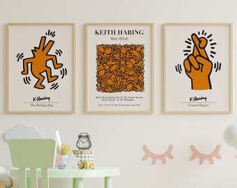 Keith Haring Decor, Set Of 3 Wall Decor, The Barking Dog, Party Of Life, Crossed Fingers, Set of Three Wall Art, Instant Download, Keith Set
