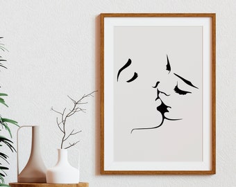 Liebendes Paar Linie Kunstdruck, romantisches Wohndekor (Digital Download)