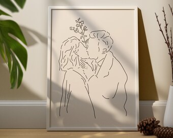 Kissing Couple Line Art Print, Minimalist Love Poster (Digital Download)