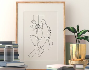 Woman Reading Line Art Print, Book Lover Gift (Digital Download)