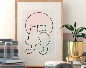 Minimalist Line Art Cats Print, Modern Cat Drawing (Digital Download)