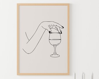 Wine Glass Line Art Print, Woman's Hand, Minimalist Kitchen Decor (Digital Download)