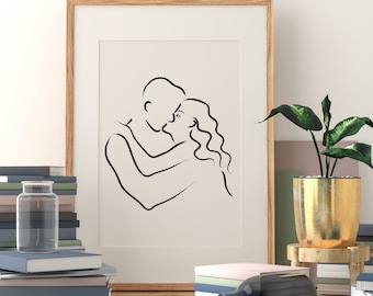 Kissing Couple Line Art Print, Minimalist Romantic Wall Decor (Digital Download)