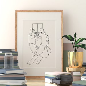 Donna che legge libro amore linea arte poster stampa, stampa sensuale, libro linea arte, femmina che tiene una stampa del libro, stampa bookish, regalo per il lettore