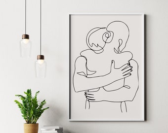 Hugging Couple Line Art Print, Romantic Minimalist Poster (Digital Download)