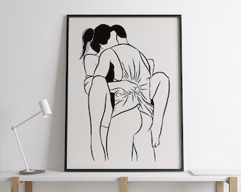 Lámina abstracta de arte lineal con una pareja, decoración sensual para el dormitorio (arte digital).