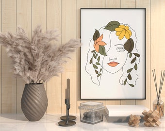 Woman Flower Line Art Print, Female Portrait (Digital Download)