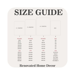 May include: A size guide for prints, showing the different sizes available in inches and centimeters. The guide includes 2:3, 3:4, 4:5 ratios and ISO sizes.