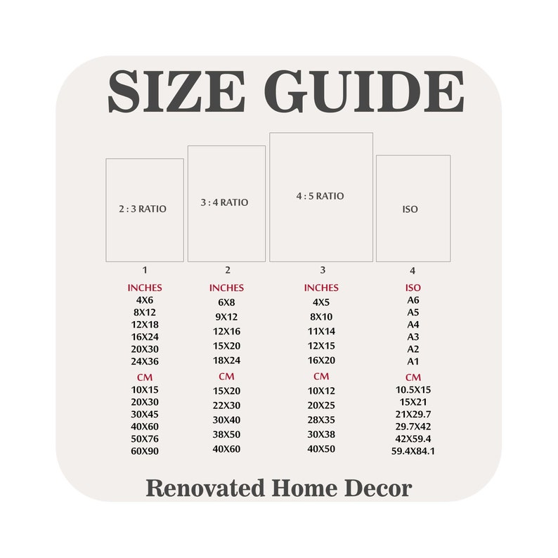 May include: A size guide for prints, showing the different sizes available in inches and centimeters. The guide includes 2:3, 3:4, 4:5 ratios and ISO sizes.