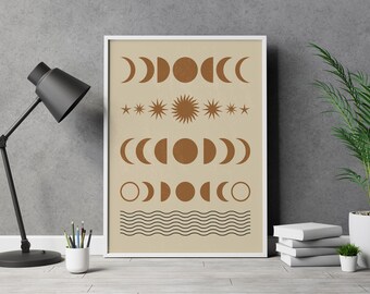 Boho Mondphasen Druck, Mondfinsternis Wand Kunst (Digitaler Download)