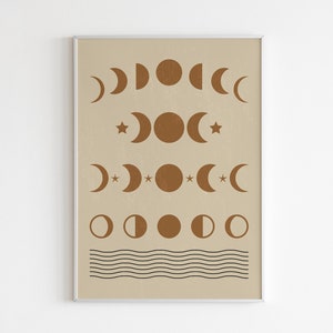 Stampa delle fasi di luna piena, Decorazione artistica della parete della luna, Opere d&#39;arte delle fasi lunari, Arte moderna della metà del secolo, Stampe di Boho Moon, Download digitale, Arte murale di Boho