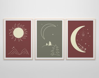 Sun, Moon, Mountain Wall Art Print | Boho Earth Tones (Digital Download)