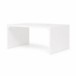 May include: A solid white rectangular table featuring a clean, seamless design with two vertical side panels acting as legs and a flat horizontal top surface. The structure has angled cutouts at the top corners where the legs meet the tabletop.