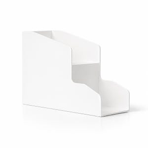 May include: A white tiered storage organiser featuring a stepped design with two distinct levels. The structure is constructed from solid white panels with open sides and a smooth finish, providing a functional space for sorting and displaying items.