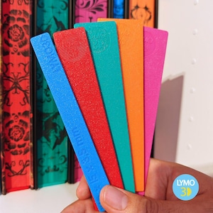 Peut inclure: Un ensemble de cinq outils plats et rectangulaires en plastique de couleur bleue, rouge, sarcelle, orange et rose. Chaque outil présente une surface texturée et le texte en relief LYMO3D. L'outil bleu porte la mesure 1,5 x 3,5 mm.