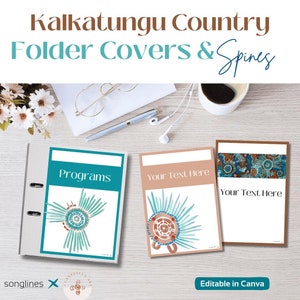 以下が含まれることがあります： アボリジニの芸術デザインが施された、印刷可能なフォルダカバー3点セット。カバーはターコイズ、ブラウン、ベージュのカラーリング。カバーのテキストは「Programs」、「Your Text Here」、「Your Text Here」。カバーはCanvaで編集可能。