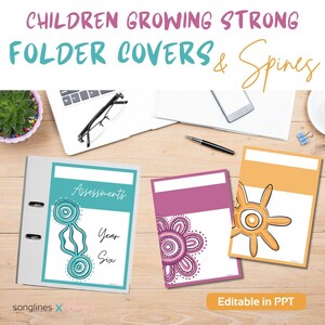 以下が含まれることがあります： アボリジニの芸術をモチーフにしたカラフルなデザインの印刷可能なフォルダカバー3枚。カバーには「アセスメント」、「イヤーシックス」とラベルが貼られており、タイトル用の空白スペースがあります。画像の下部には「Editable in PPT」というテキストがあります。