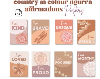 May include: Eight printable posters with Aboriginal art designs and positive affirmations. The affirmations are "I am Kind", "I am Brave", "I am Unique", "I am Smart", "I am Loved", "I am Proud", "I am Focused", and "I am Worthy".
