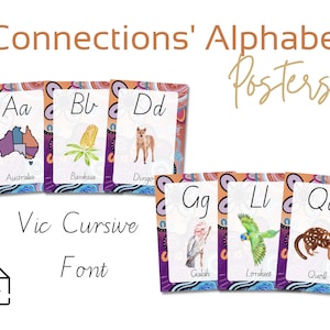 Cartel del alfabeto - Vic Cursive / Arte aborigen / Flora y fauna australianas / Cartel educativo ilustrativo de los primeros años del aula