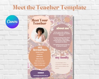 May include: A pink and brown template for a teacher meet and greet. The template includes a photo of the teacher, a section about the teacher, a section about their family, a section about their favorite things, and a contact section. The text on the template says "Meet Your Teacher", "About Me", "My Family", "My Favorites", and "Contact".