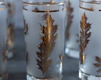 MCM gold leaf Frosted Libby glasses 6pc. Vintage glasses with gold leaves