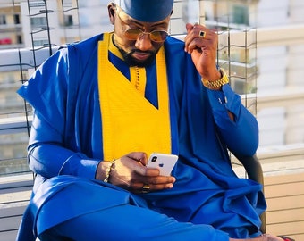 Blue on Gold Agbada for men, Groom's wedding suit, groomsmen suit, African men's wear, African men's suit, Agbada, African Agbada, Dashiki