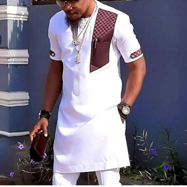 White Wedding Suit with a touch of Burgundy, African wedding suit, Dashiki, African men's suit Men's kaftan, Senator suit, groomsmen suit