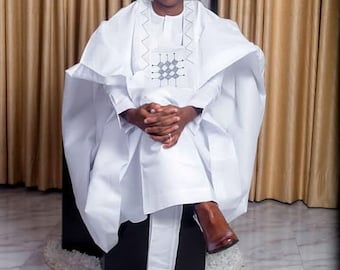 White Agbada, African wedding suit, Groomsmen suit, Grooms wedding suit, Agbada for men, African Agbada, traditional wedding suit, Dashiki