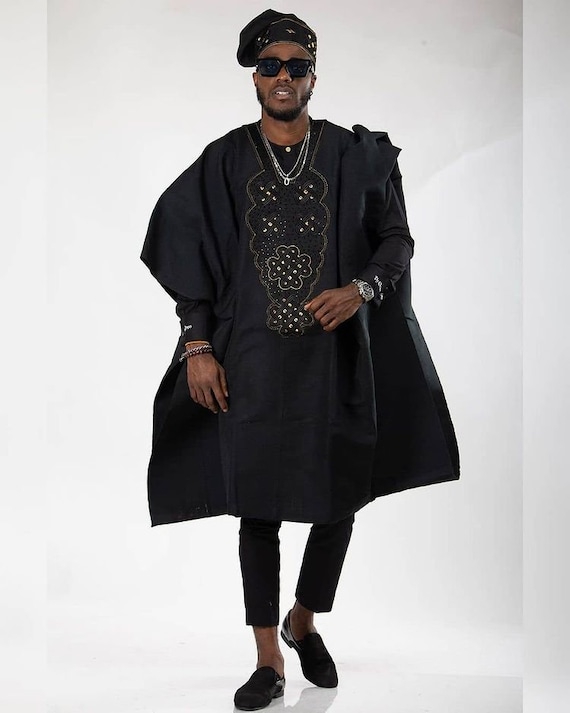 Black on Black Agbada, African wedding suit, groomsmen suit, Groom's wedding suit, African men's suit, Agbada for men, African Agbada