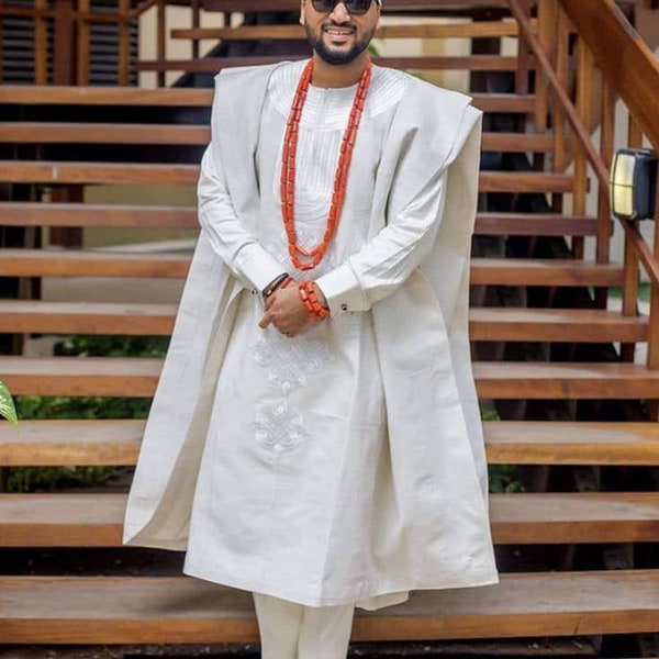 African Wedding Pure White Agbada with Gobi Hat, African men's wear,  traditional wedding suit, Groomsmen suit, Grooms wedding suit, Agbada