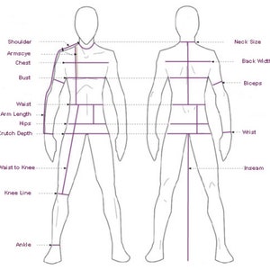 May include: Diagram showing body measurements for men's clothing, including shoulder, armscye, chest, bust, waist, arm length, hips, crutch depth, waist to knee, knee line, ankle, neck size, back width, biceps, wrist, and inseam.
