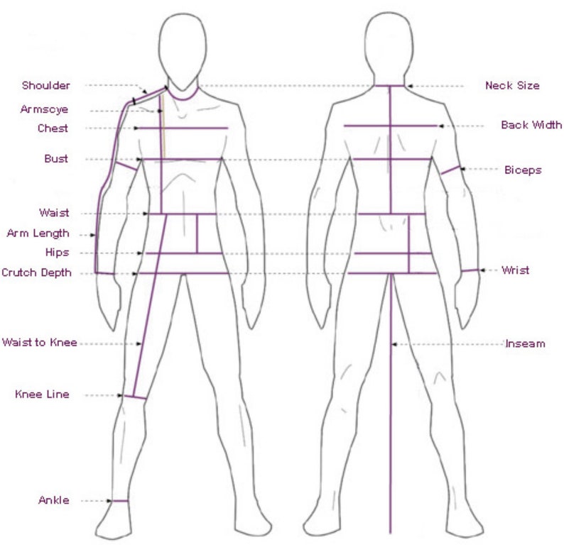 May include: Diagram showing body measurements for men's clothing, including shoulder, armscye, chest, bust, waist, arm length, hips, crutch depth, waist to knee, knee line, ankle, neck size, back width, biceps, wrist, and inseam.