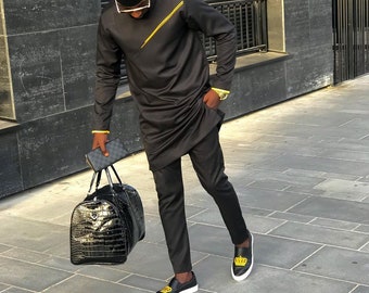 Classy Black African wear with yellow stripe, Senator Wear, African wedding suit, Black Suit, Groomsmen suit, grooms wedding suit, Dashiki