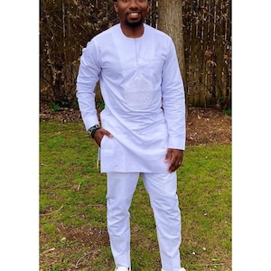 Traditional African Wear Pure White, White suit, African wedding suit, Groomsmen suit, Grooms wedding suit, Dashiki, African men&#39;s kaftan