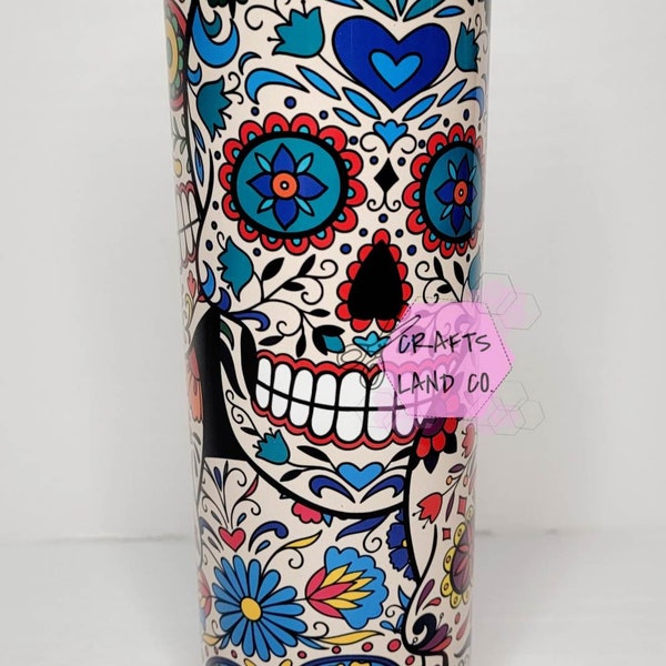 Colorful Sugar Skulls 20 oz Skinny Tumbler - Sublimation Printed Insulated Stainless Steel Tumbler - Halloween Gift