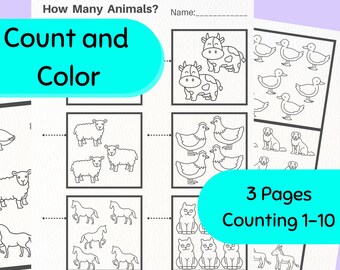 以下が含まれることがあります： 「動物は何匹いる？」と「数えて色を塗ろう」というテキストが書かれた白黒の印刷可能なワークシート。ワークシートには、牛、アヒル、羊、鶏、馬、猫、ロバなど、農場の動物の画像が描かれています。ワークシートは、子供たちが動物を数えて色を塗るように設計されています。