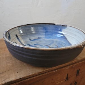 Handthrown Serving Bowl in Dark Stoneware and Poured Blue