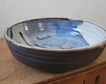 Handthrown Serving Bowl, Raw Dark Stoneware/Poured Blue Glaze