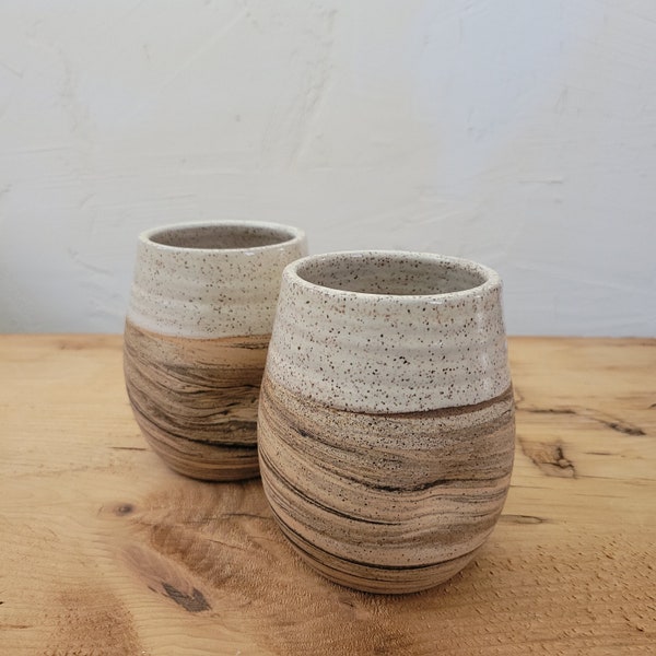 Set of 2 Marbled Ceramic Cups, Handthrown Stoneware/White Glaze, Thumb Print / Dimple Cups 16oz