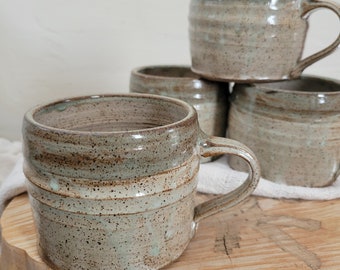 Handmade Soup Mugs, Cappachino Latte Cups - Wheel Thrown Stoneware, White/Desert Sage 20oz