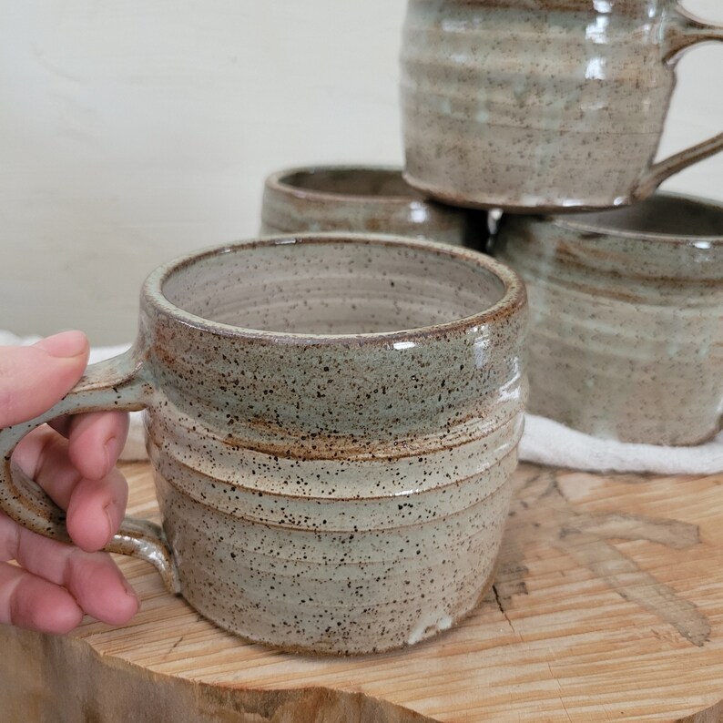 Handmade Soup Mugs, Cappachino Latte Cups Wheel Thrown Stoneware, White/Desert Sage 20oz image 3