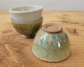 Set of 3 Handmade Pottery Minibowls - Ramekin Sauce Dish - Stoneware, Greens/White Glaze