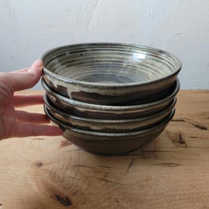 Set of 2 or 4 Low Dinner Bowls, Handmade Pottery, Dark Stoneware/Birch Glaze