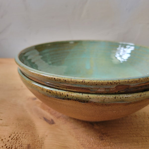 Set of 2 Pasta Dinner Bowls, Handmade Stoneware/Green Glaze