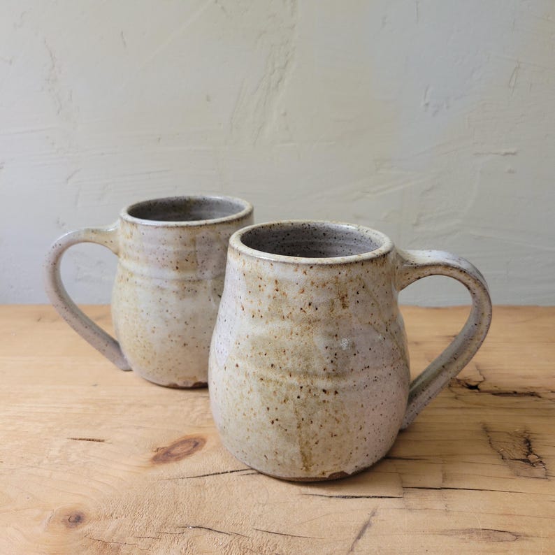 Set of 2 Handmade Mugs, Speckled Stoneware Pottery/White Tan Glaze 16oz