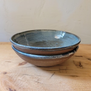 Set of 2 Pasta Bowls, Handmade Pottery Dark Raw Stoneware/Surf Blue Glaze