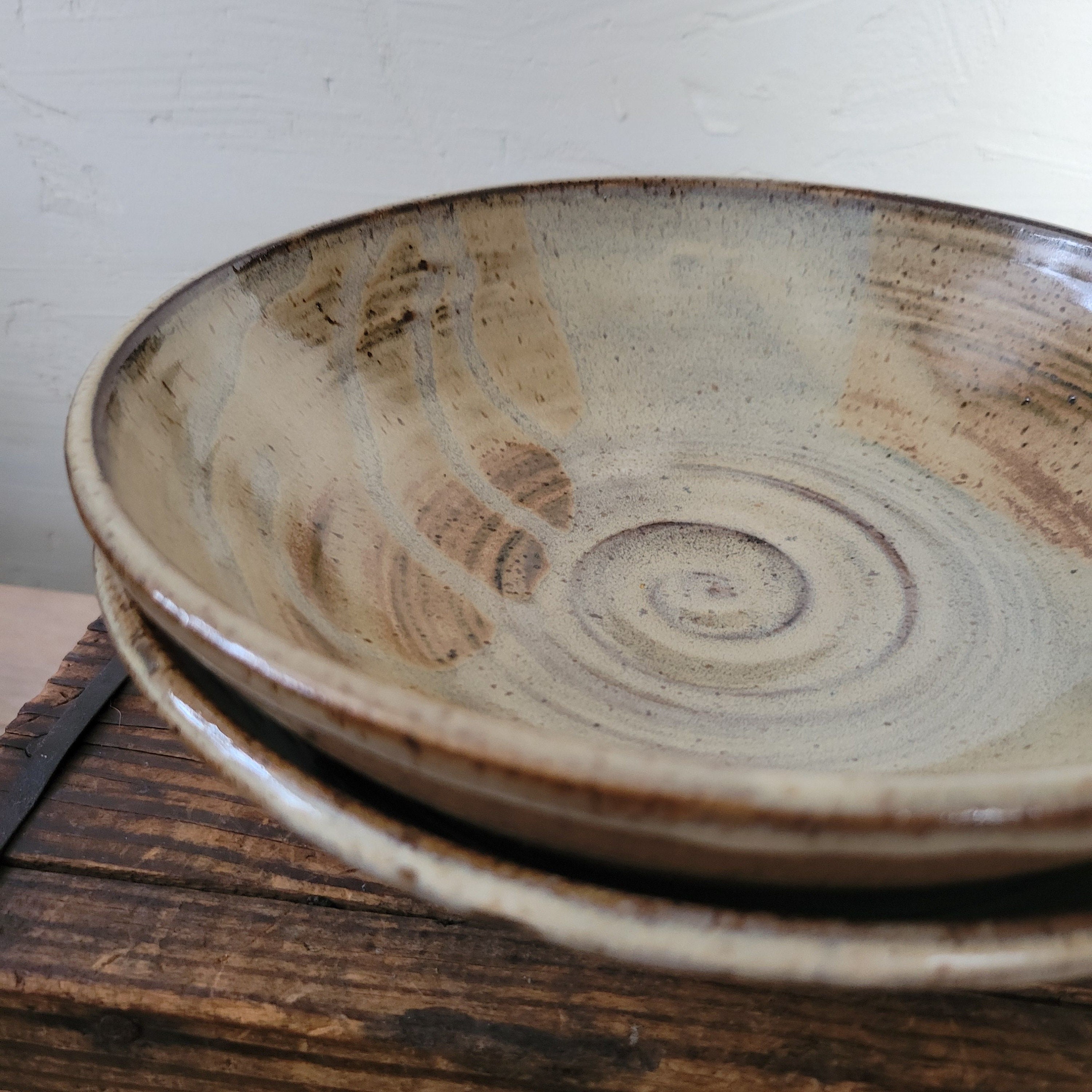 Set of 2 Handmade Pottery Pasta Bowls, Birch/white Glaze, Marbled