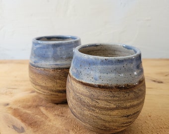 Set of 2 Wine/Whiskey Cups, Handmade Stoneware/Brushed Blue Glaze